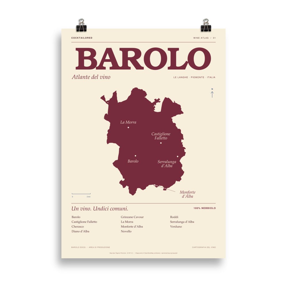 Barolo DOCG-vinkort som plakat i vinrød og creme med italiensk typografi og bynavne, 50 × 70 cm